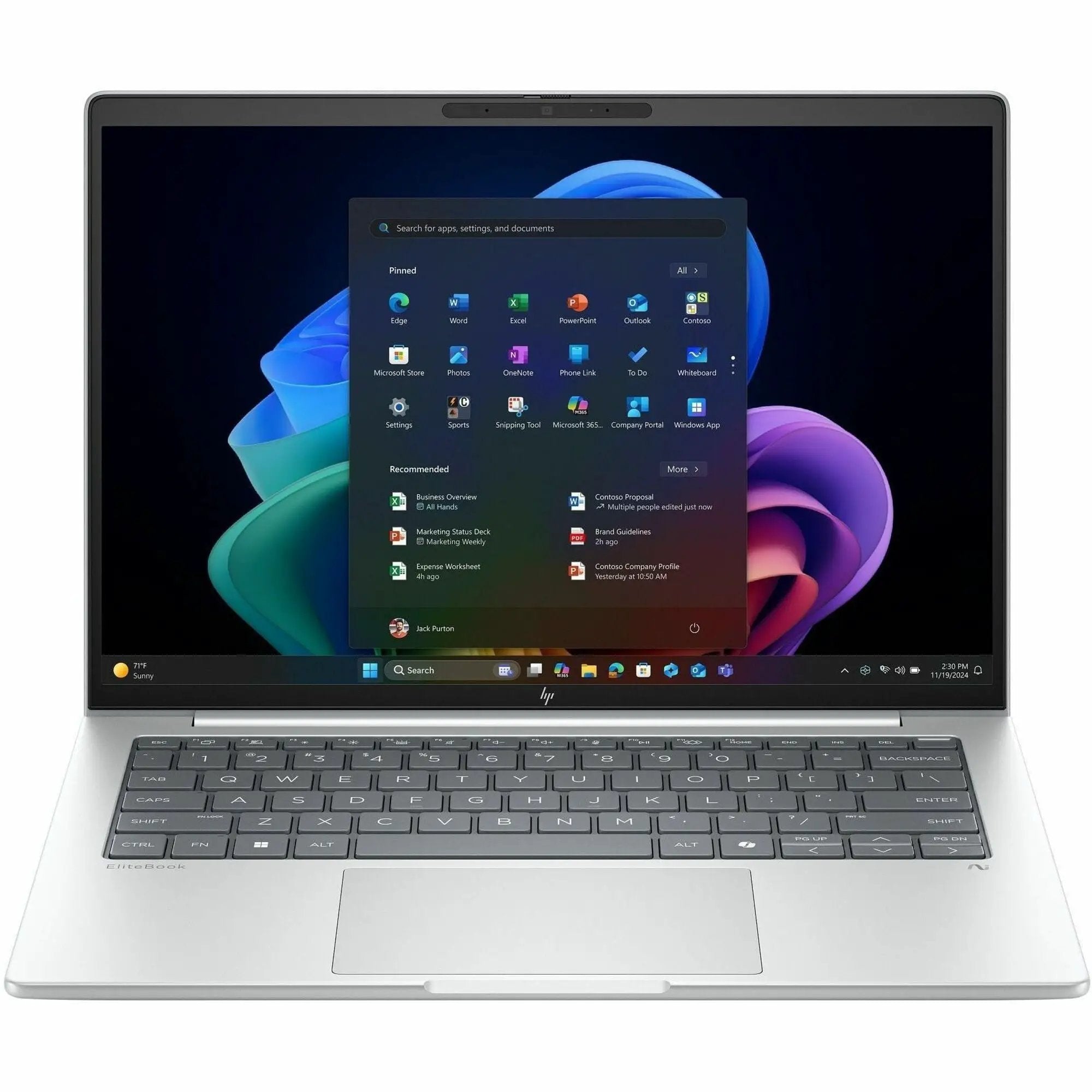 HP EliteBook 8 Notebook in glacier silver aluminum, open with full keyboard, 16 GB RAM, 512 GB SSD