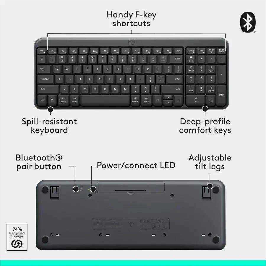 Logitech K250 Bluetooth Keyboard with Numpad, Easy Connectivity, Compact Wireless Keyboard made with Recycled Plastic, Spill-Resistant, comfortable Keys (Graphite)