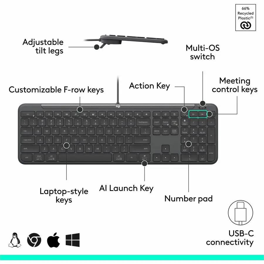 Logitech Signature Slim Wired K620 for Business, Full-Size Keyboard, USB-C Plug-and-Play, scissor keys, Graphite