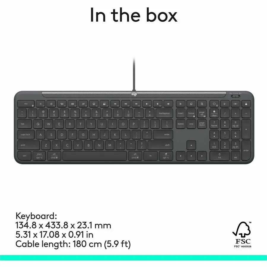 Logitech Signature Slim Wired K620 for Business, Full-Size Keyboard, USB-C Plug-and-Play, scissor keys, Graphite