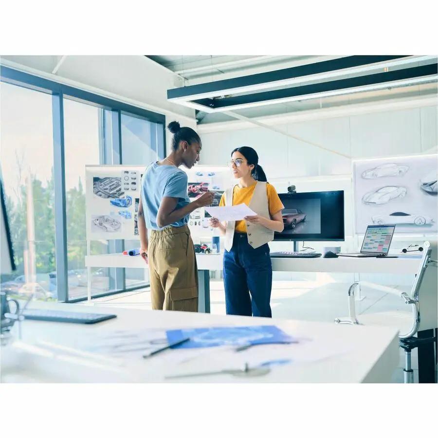 HP ZBook 14 laptop with Intel Core Ultra 9, 64GB RAM, 1TB SSD in a modern design studio scene.