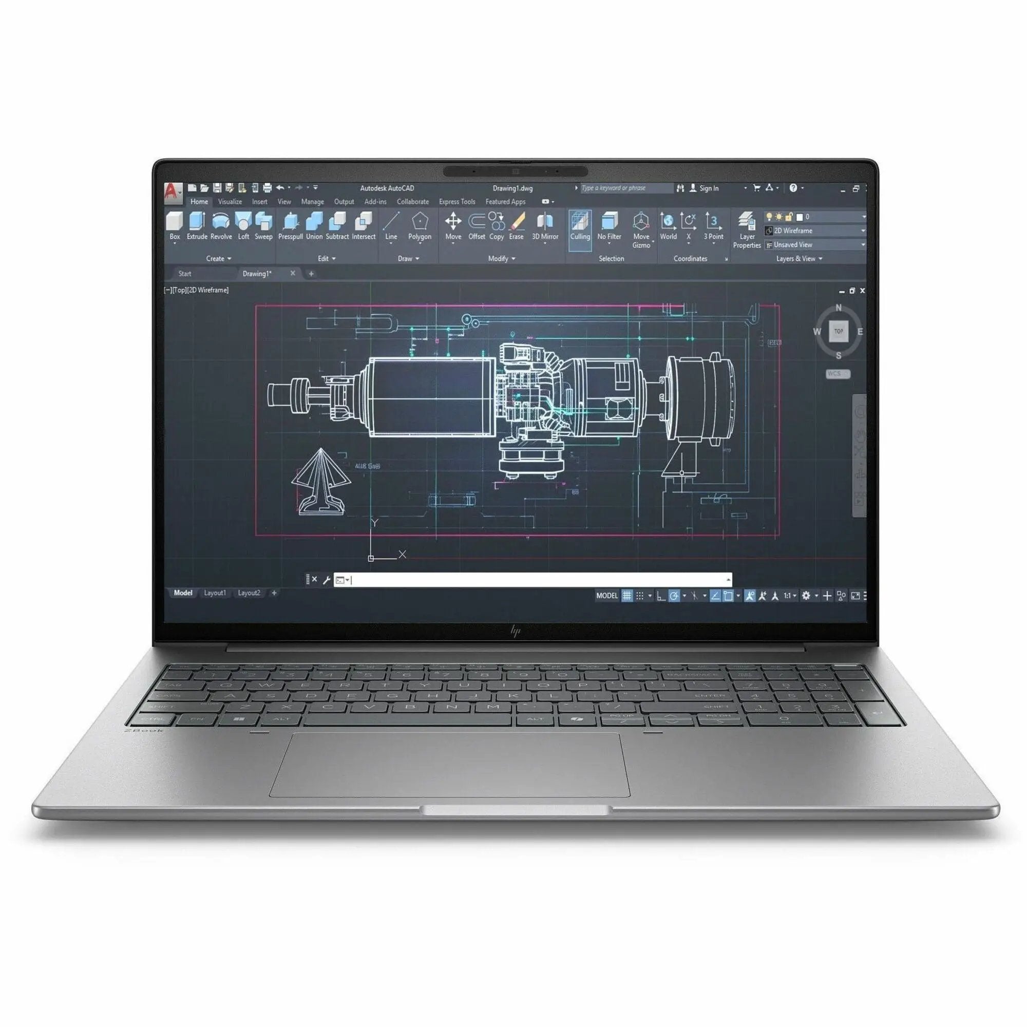 HP ZBook 16 laptop with silver chassis, screen displays CAD drawing.
