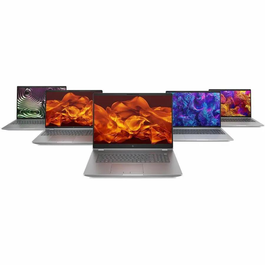 HP ZBook 16 G1 laptops, five units, silver aluminum chassis with colorful displays