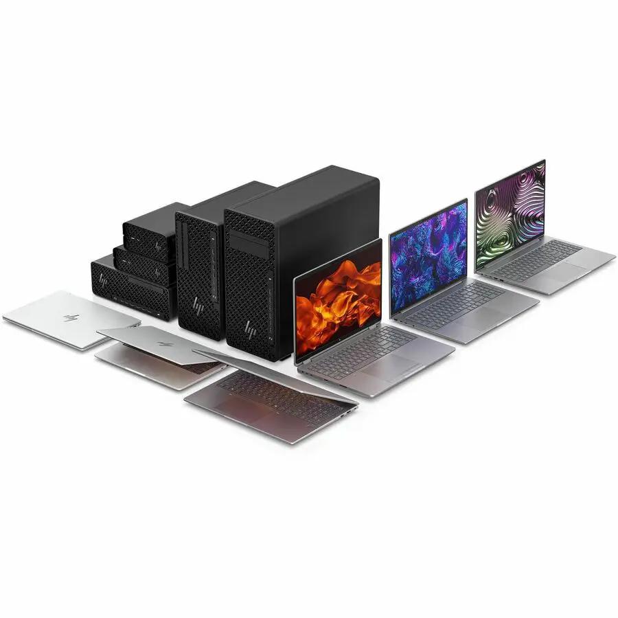 HP ZBook 16 Laptop lineup with silver laptops and black server towers.