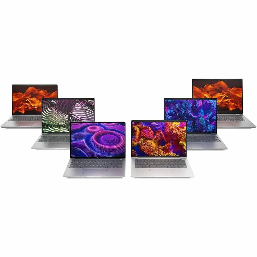 HP ZBook 16 laptops, six units, silver bodies with colorful displays