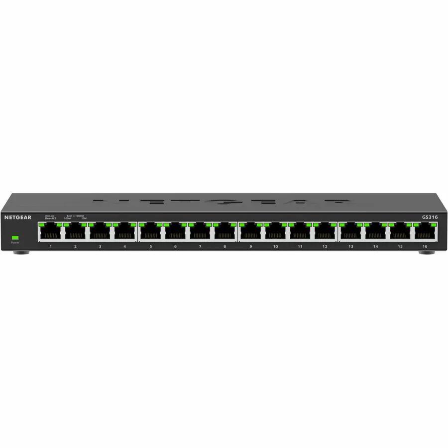 Netgear Unmanaged Essentials GS116 16-port Gigabit Switch, black metal chassis with green LEDs
