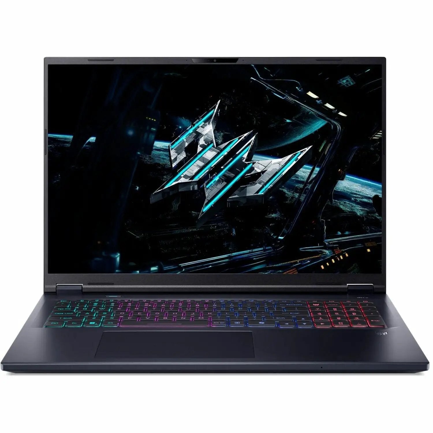 Predator Helios Neo 16-inch AI gaming laptop, black, open on white backdrop with RGB keyboard
