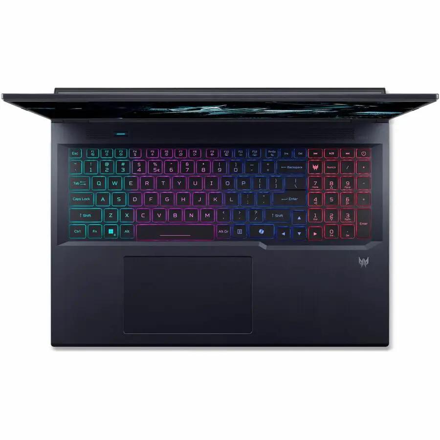 Predator Helios Neo 16 AI gaming laptop, black chassis with RGB backlit keyboard, top-down view