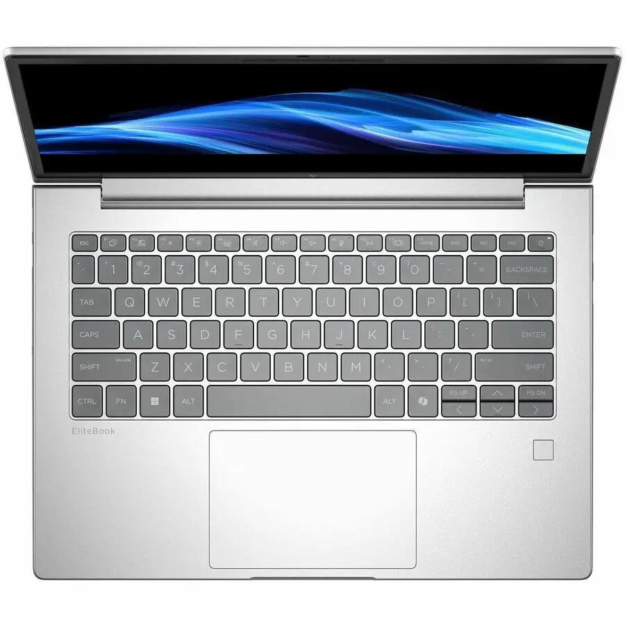 HP EliteBook 14-inch notebook in silver aluminum with full keyboard, top-down view