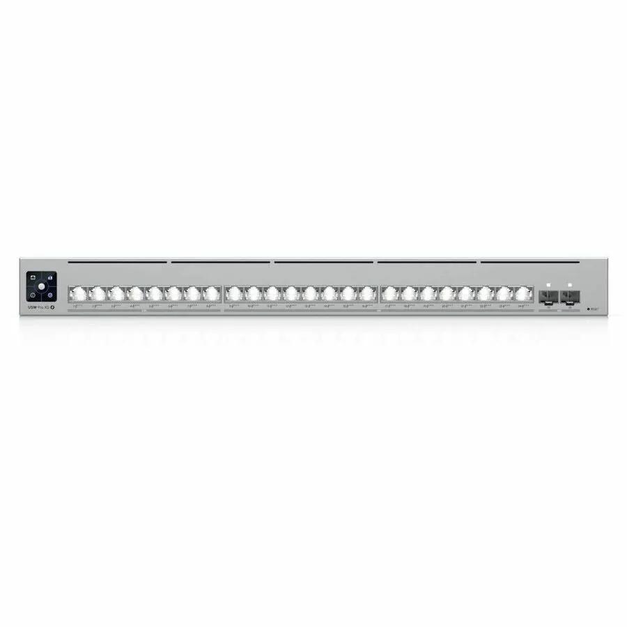 Ubiquiti Pro XG 24-Port PoE switch front view in silver 1U rack-mount