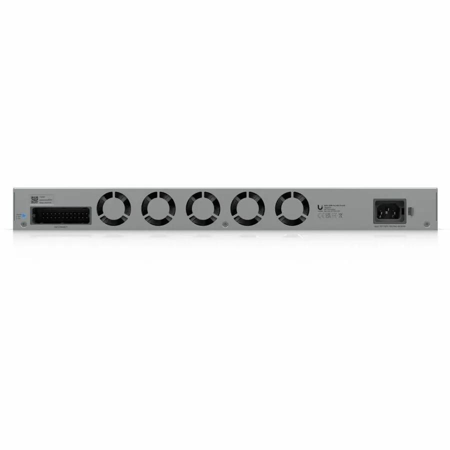 Ubiquiti Pro XG 24-Port PoE switch, gray metal rack-mount rear view with five fans and power input