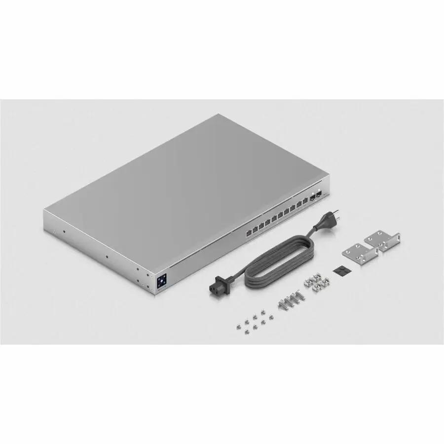 Ubiquiti EdgeSwitch Pro XG 10-Port 10GbE PoE+ switch, silver metal enclosure with power cord and mounting brackets.
