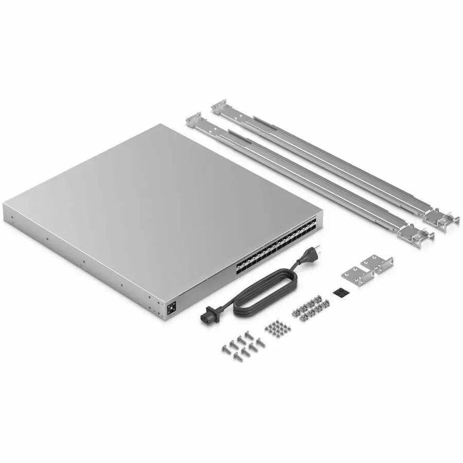 Ubiquiti Pro XG Aggregation 32-Port SFP Managed Switch, silver rack-mount chassis with rails and accessories