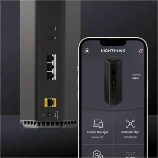 NETGEAR Nighthawk RS150 black Gigabit WiFi 7 router with smartphone app display