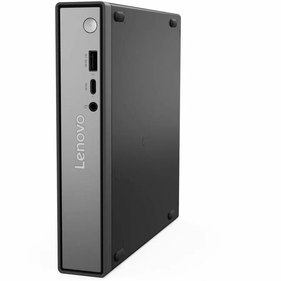 Lenovo ThinkCentre Neo 50q mini PC in dark gray with front USB-C and USB-A ports and Lenovo logo