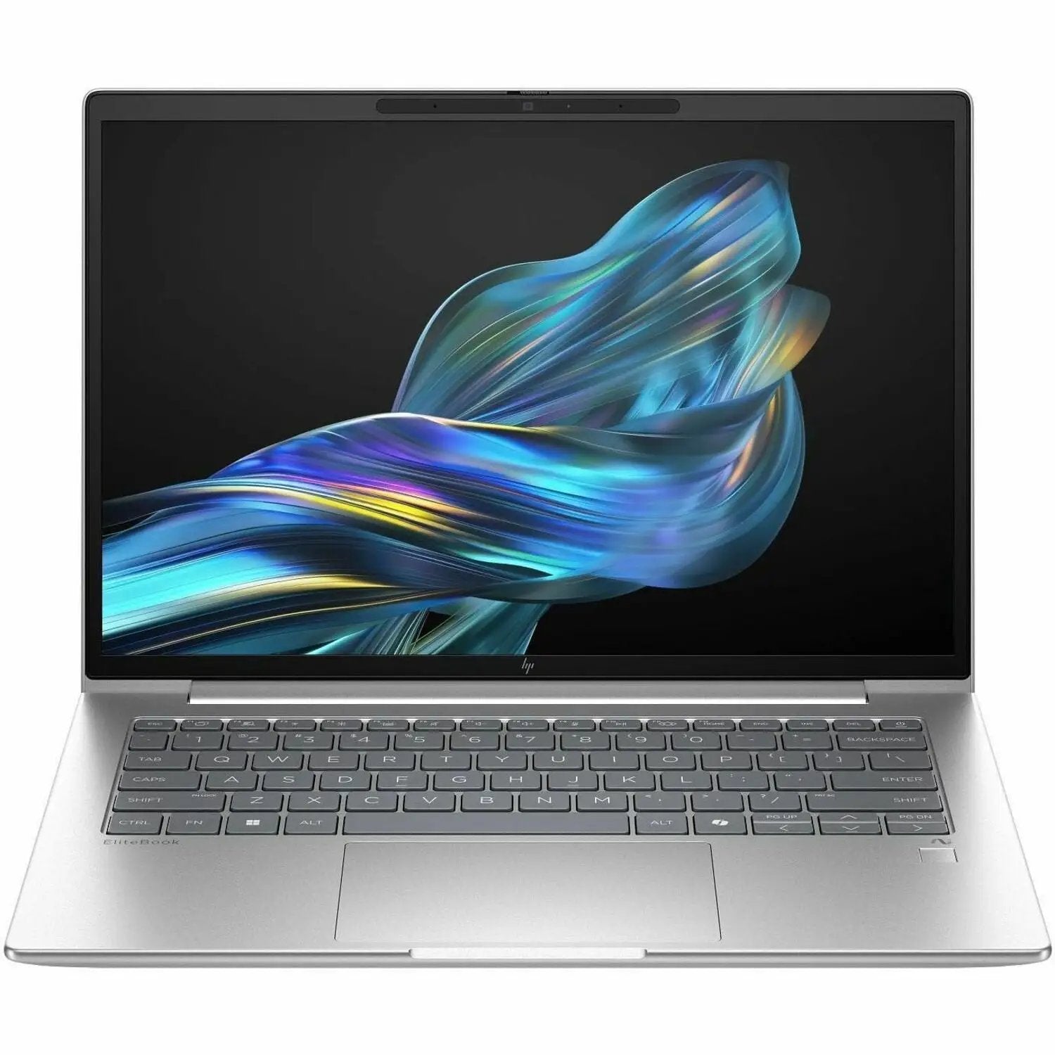 HP EliteBook notebook computer with Snapdragon X Plus, 32 GB RAM, 1 TB SSD, silver chassis, open display