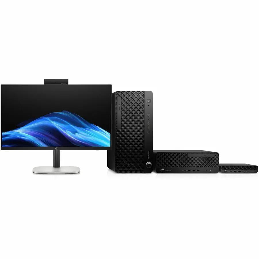 HP ProDesk 4 G1i SFF desktop with 16GB RAM, 512GB SSD, Windows 11 Pro; monitor and three desktops shown.