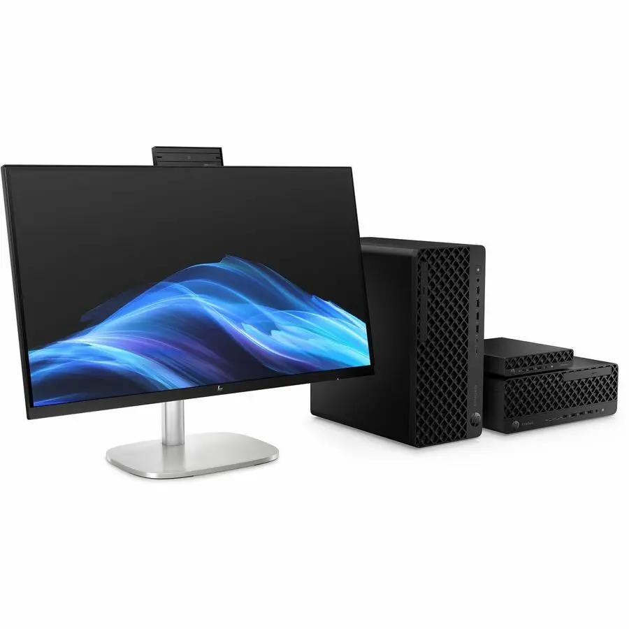 HP EliteDesk 8 SFF desktop setup with monitor; three-piece black HP desktops bundle