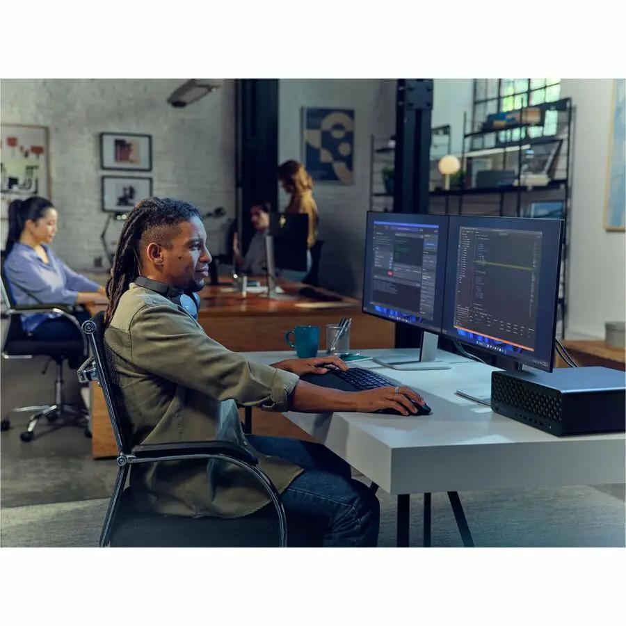 HP EliteDesk 8 SFF PC in black with dual monitors on a white desk