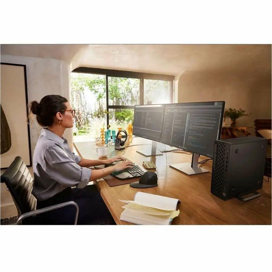 HP EliteDesk 8 SFF desktop PC with 64GB DDR5 RAM and 1TB SSD on a desk with dual monitors