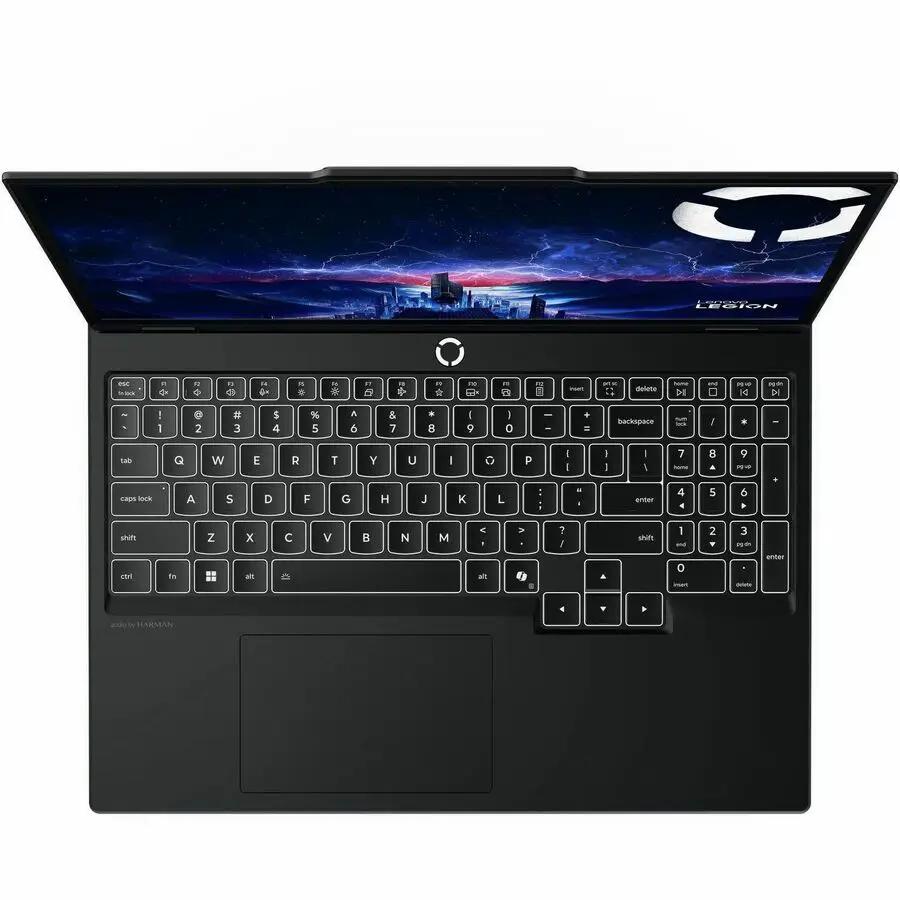 Lenovo Legion 5 gaming laptop in Eclipse Black, top-down view with backlit keyboard