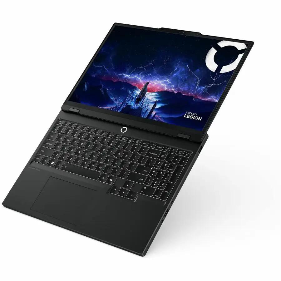 Lenovo Legion 5 gaming laptop in eclipse black, open to reveal keyboard and screen with Lenovo logo