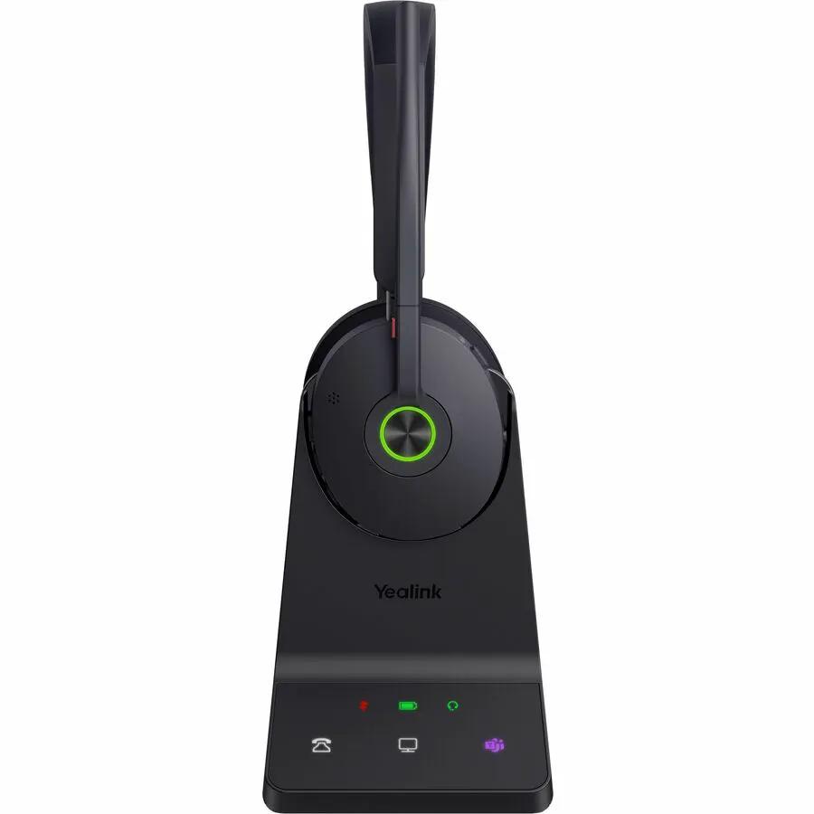 Yealink WH68 Teams wireless headset on black charging stand
