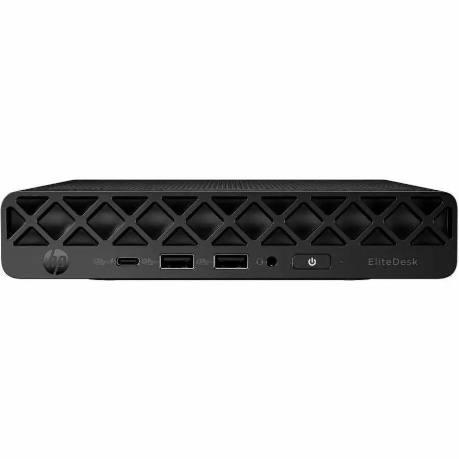 HP EliteDesk 8 Mini G1i desktop computer front view, black with two USB ports.
