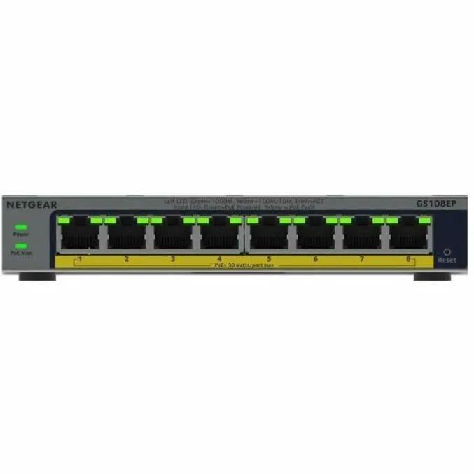 Netgear GS108EP 8-port Gigabit PoE managed switch with green LED indicators