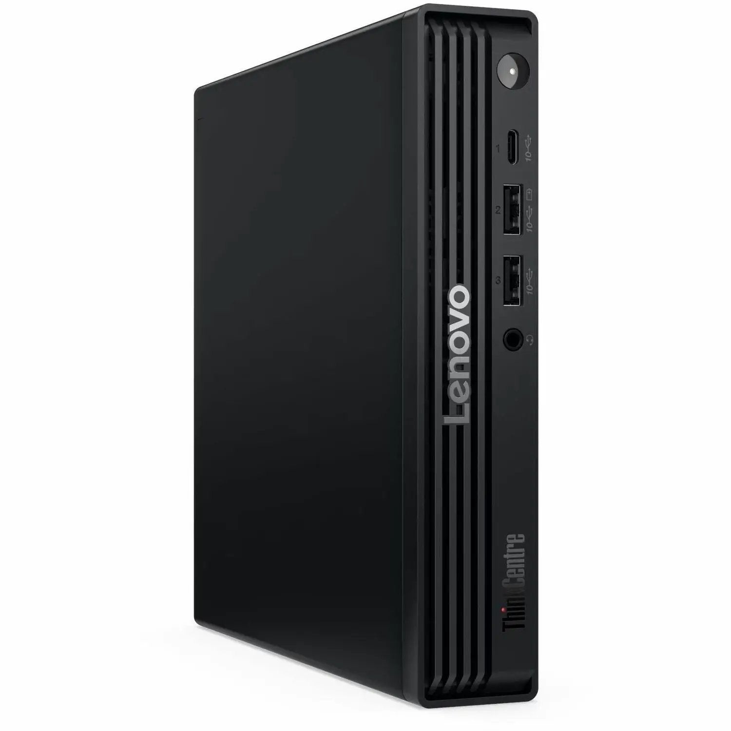 Lenovo ThinkCentre M70q Gen 6 Mini PC in black with front USB-C/USB-A ports and vents