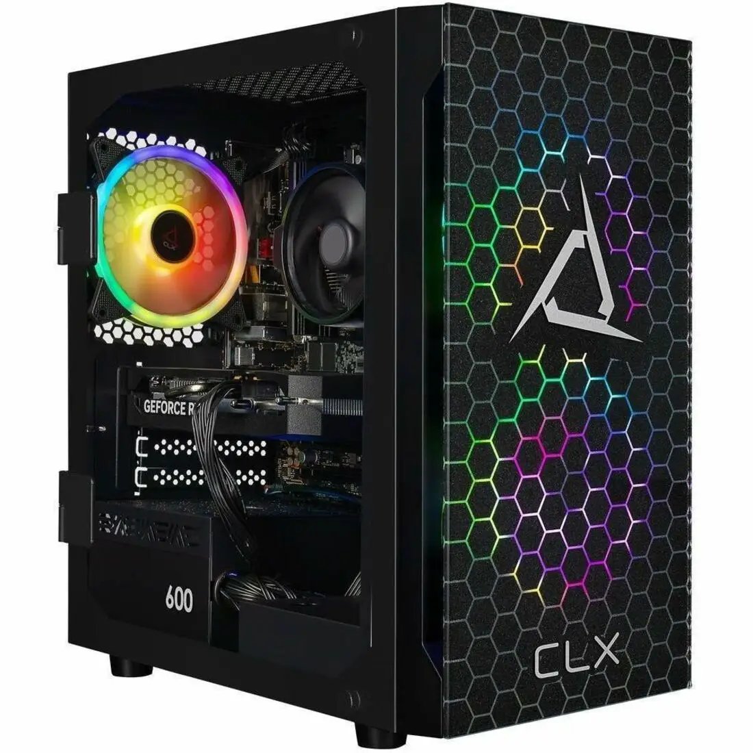 CLX SET desktop computer in black mid-tower case with RGB honeycomb front panel