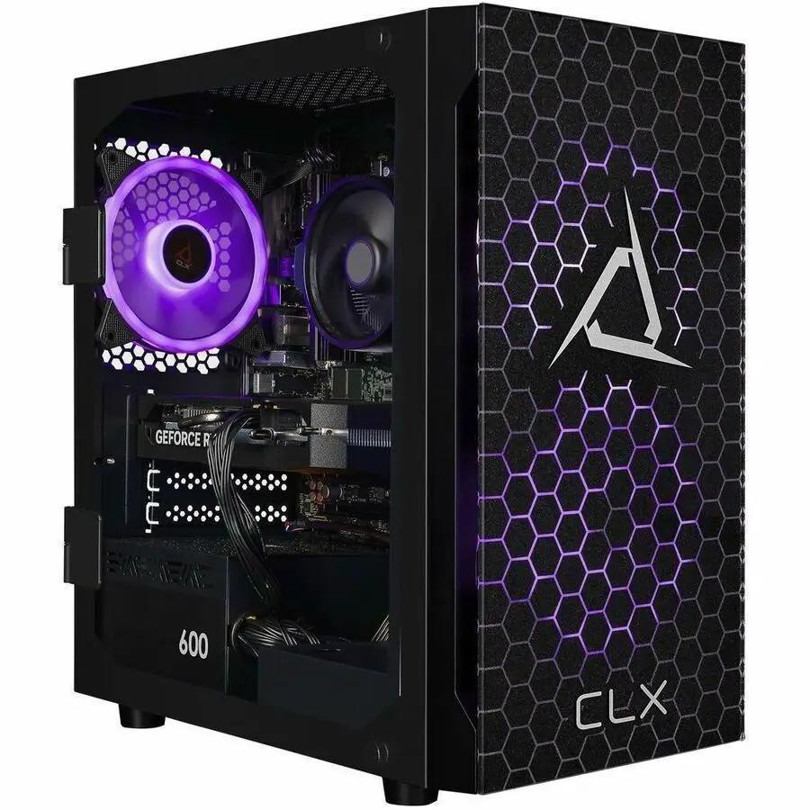 CLX SET Desktop PC, black mid-tower on white background with purple RGB lighting and front CLX logo