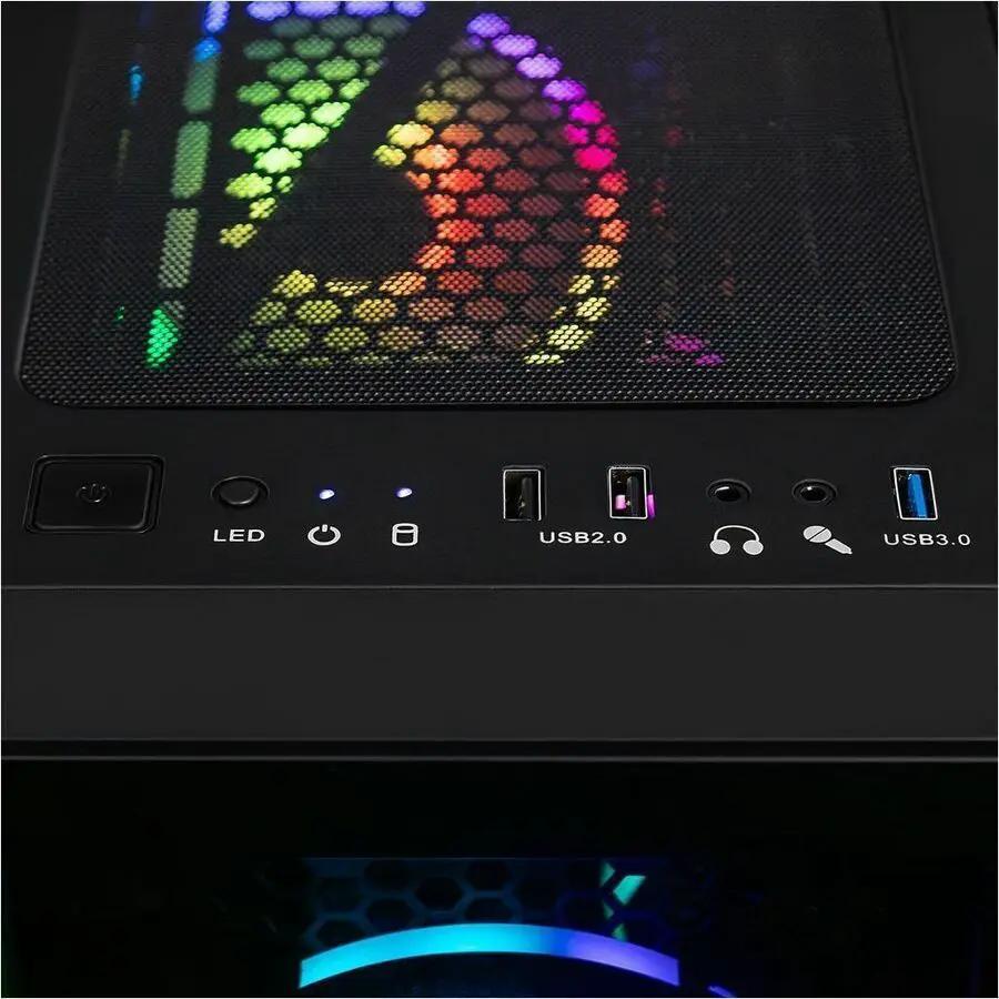 Cybertron CLX SET TGMS Gaming Desktop front panel with RGB-lit cooling mesh and USB 2.0/3.0 ports