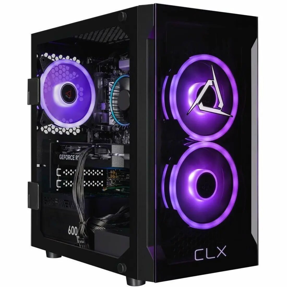 CLX SET TGMS gaming desktop PC with glass side panel and purple RGB fans
