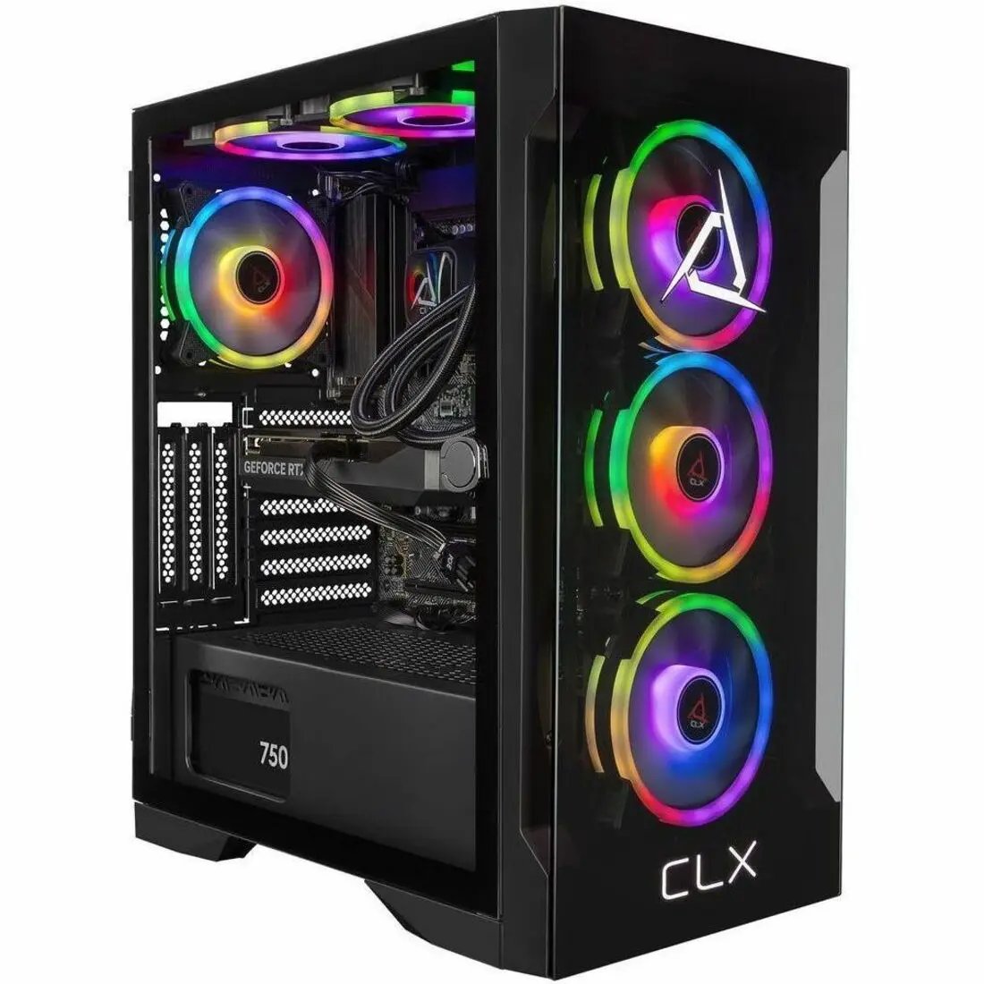 CLX SET Gaming Desktop, black PC with RGB-lit front fans and glass side panel