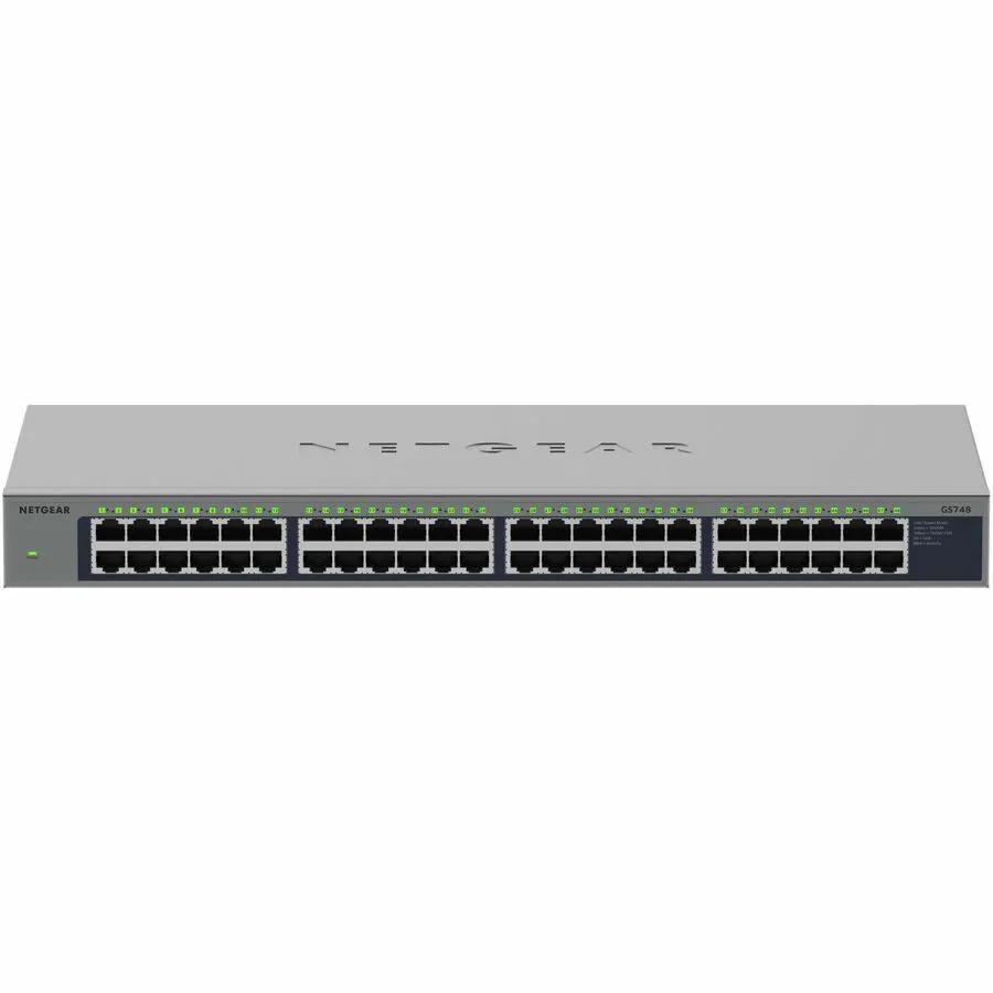Netgear ProSAFE GS748TP 48-port Gigabit PoE+ unmanaged switch, front view, gray metal chassis
