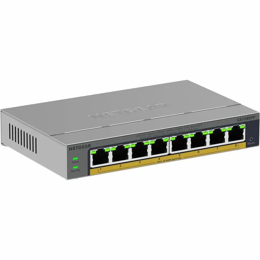 Netgear GS108PE 8-Port PoE+ managed switch; silver metal enclosure with green status LEDs