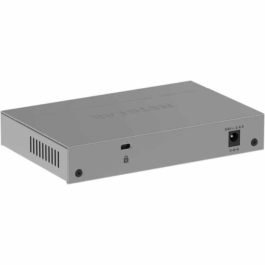 Netgear GS108PE 8-Port PoE+ managed switch in a gray metal enclosure