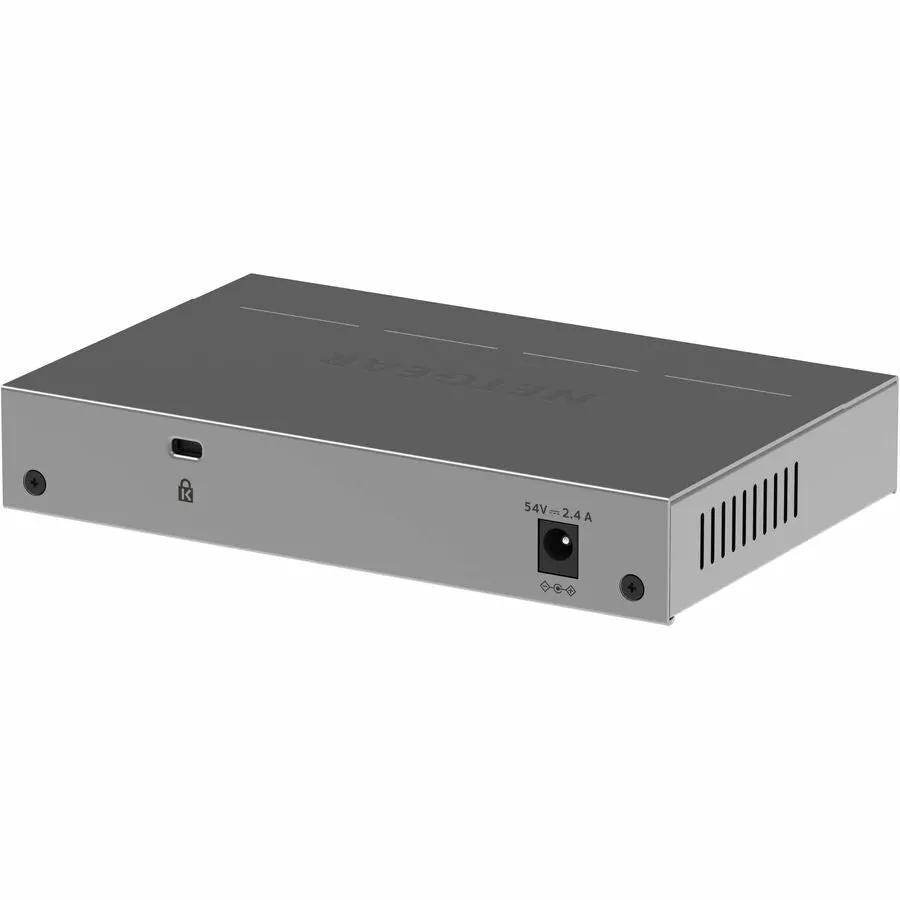 NETGEAR GS108PE 8-Port PoE+ Managed Switch in gray metal enclosure with front USB port