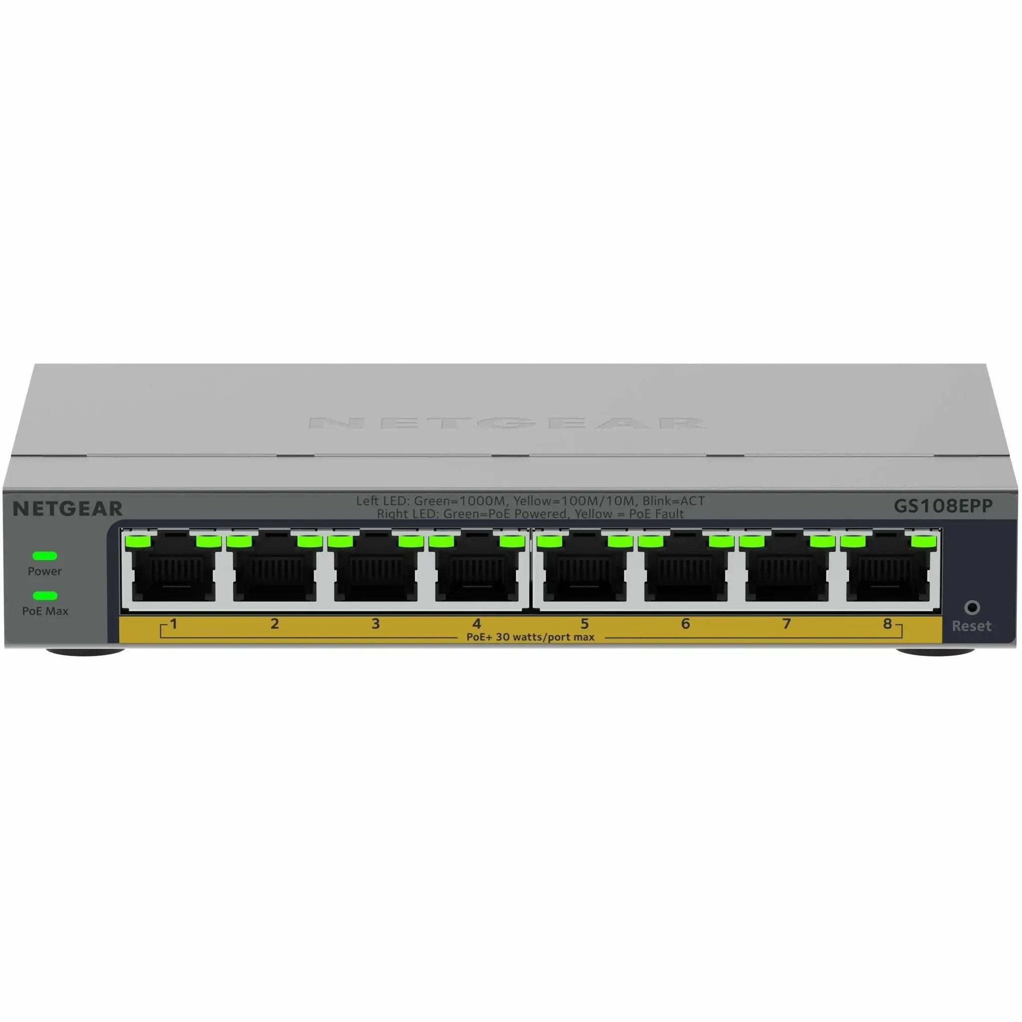 NETGEAR GS108EP 8-Port PoE+ managed switch; gray metal chassis with green LEDs