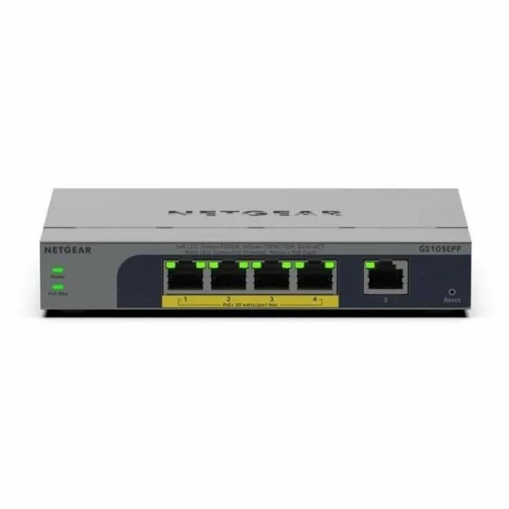 Netgear Easy Smart 5-Port Gigabit PoE+ managed switch, gray metal enclosure on white background.