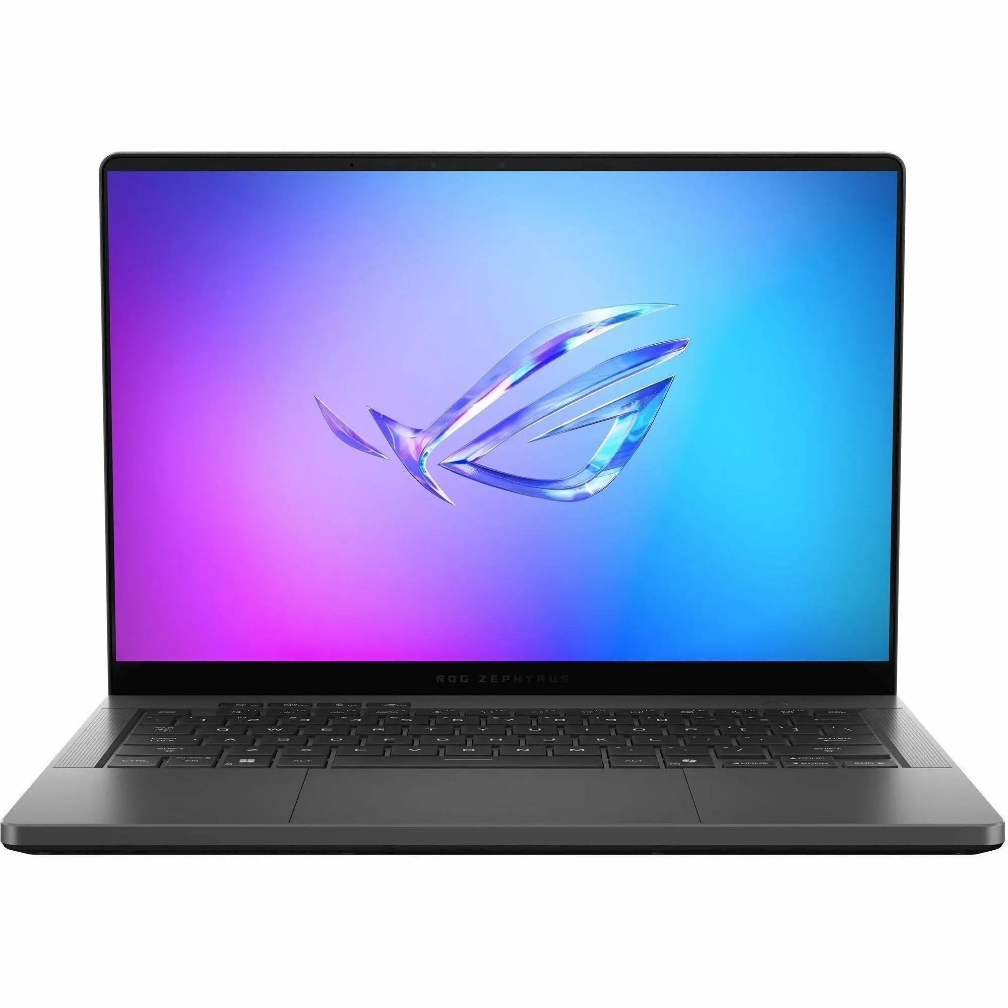 ASUS ROG Zephyrus G14 gaming laptop in Eclipse Gray, front view showing slim bezels and keyboard