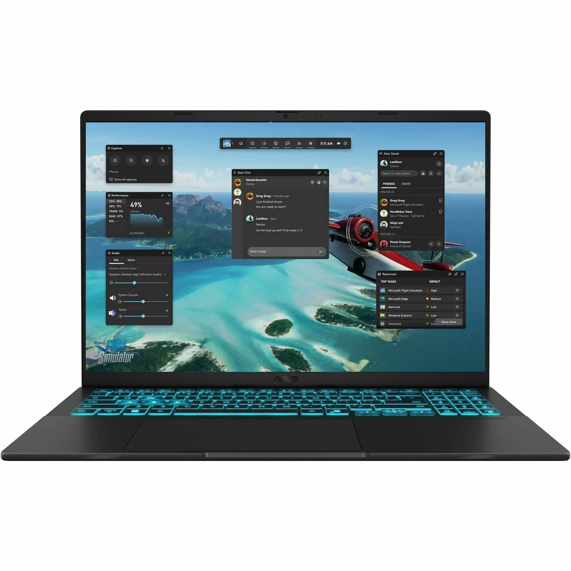 ASUS Vivobook V16 Gaming Laptop on white background; black chassis with blue backlit keyboard, 16-inch display
