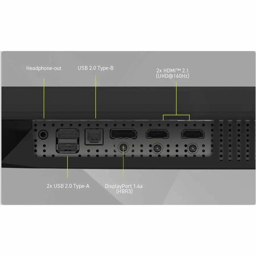 MSI MAG 272URDF 27-inch 4K UHD monitor back panel with 2x USB-A, USB-B, DisplayPort 1.4a, 2x HDMI 2.1, headphone out.
