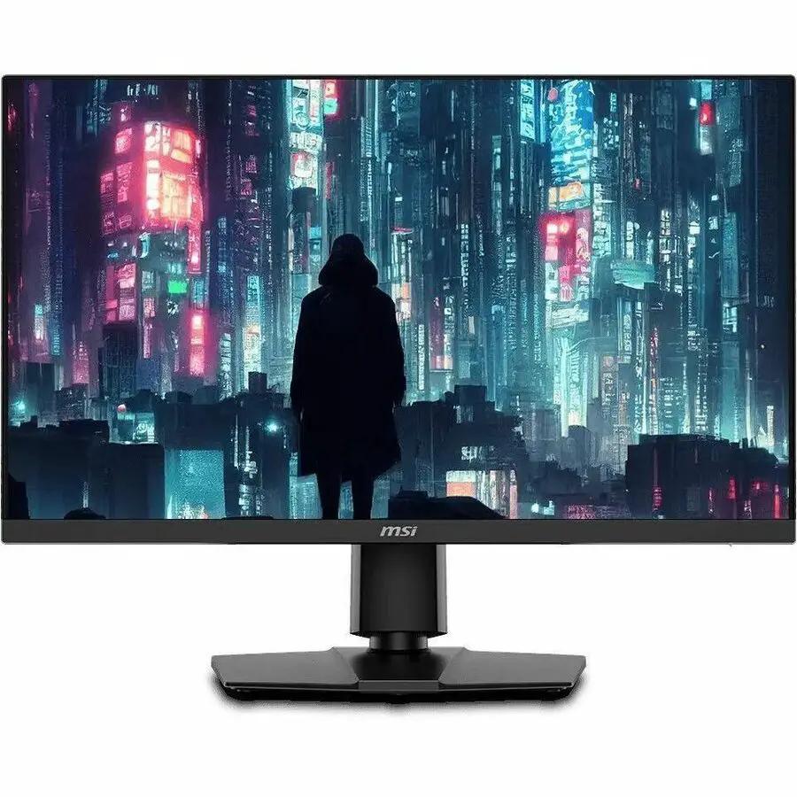 MSI MAG 272URDF 27-inch 4K UHD monitor on black stand displaying a cityscape.