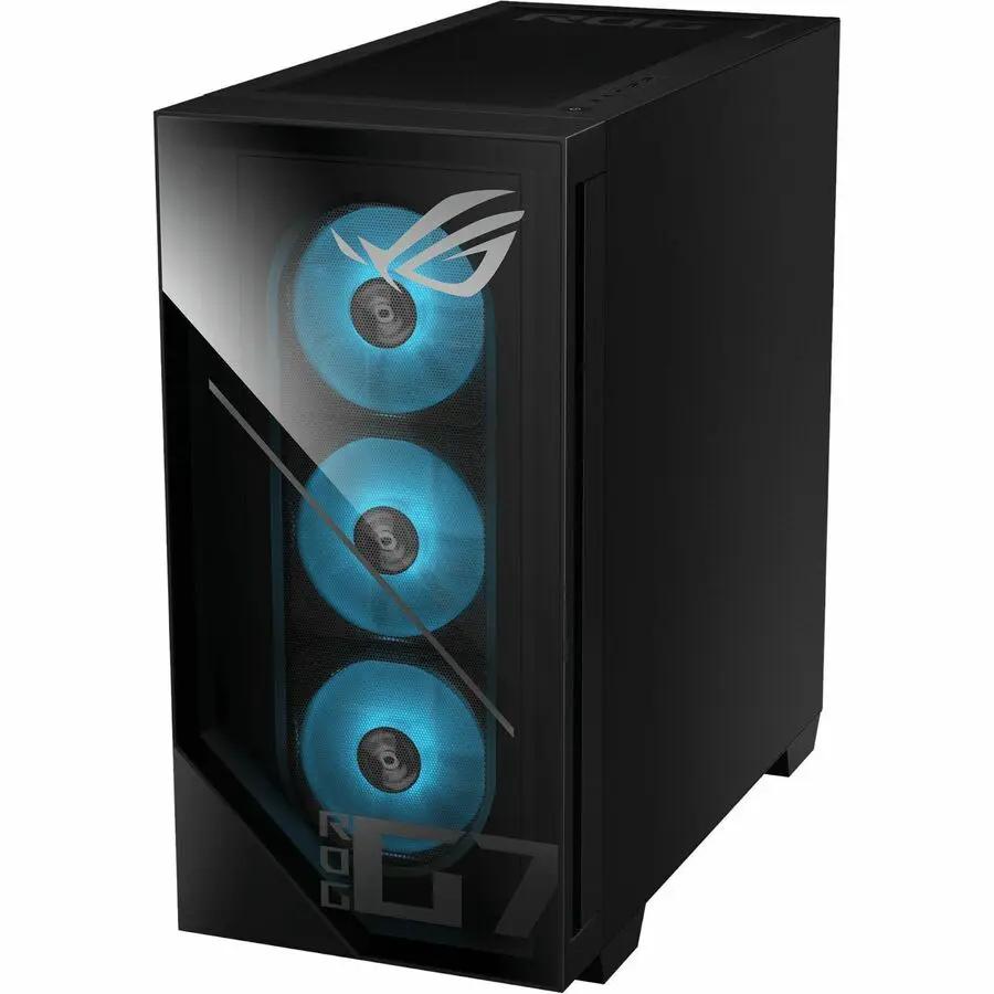 ASUS ROG G700 gaming PC, black case with three blue LED cooling fans behind a glass panel