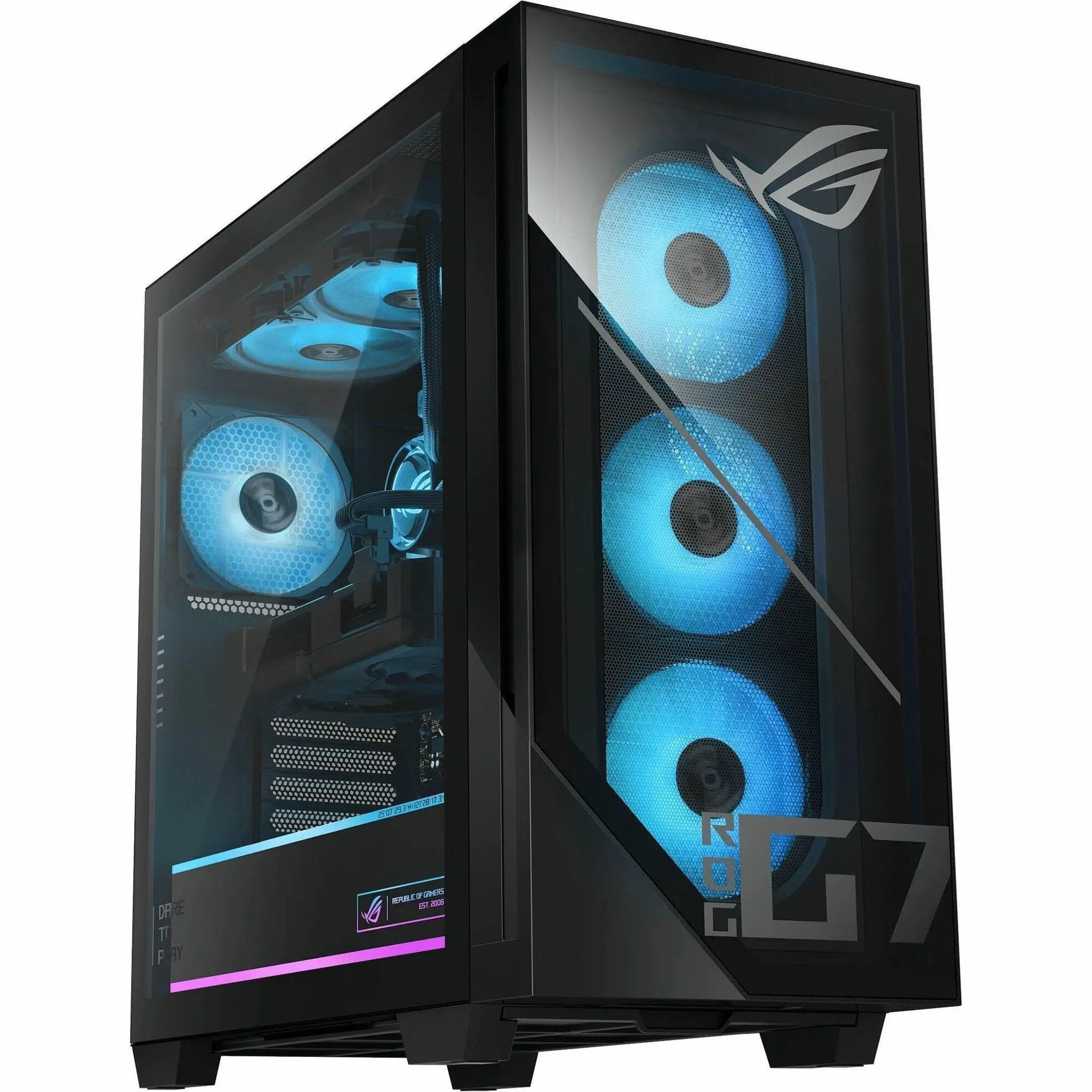 ASUS ROG G700 gaming PC with black chassis and transparent side panel revealing blue LED cooling fans.