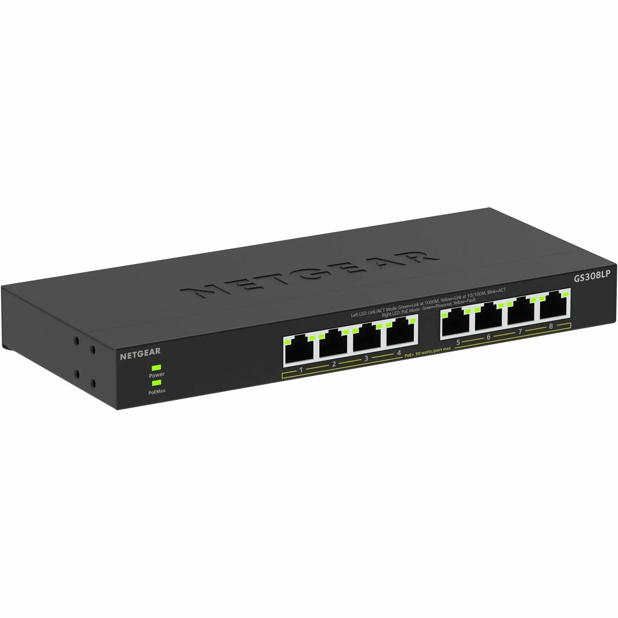 NETGEAR GS308LP 8-Port PoE switch in black metal enclosure