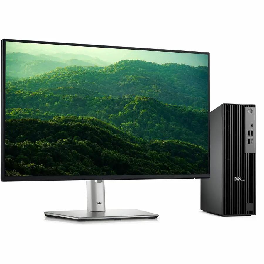 Dell Pro Slim QCS1250 mini PC and Dell monitor; two-item desktop setup, black PC with silver monitor stand