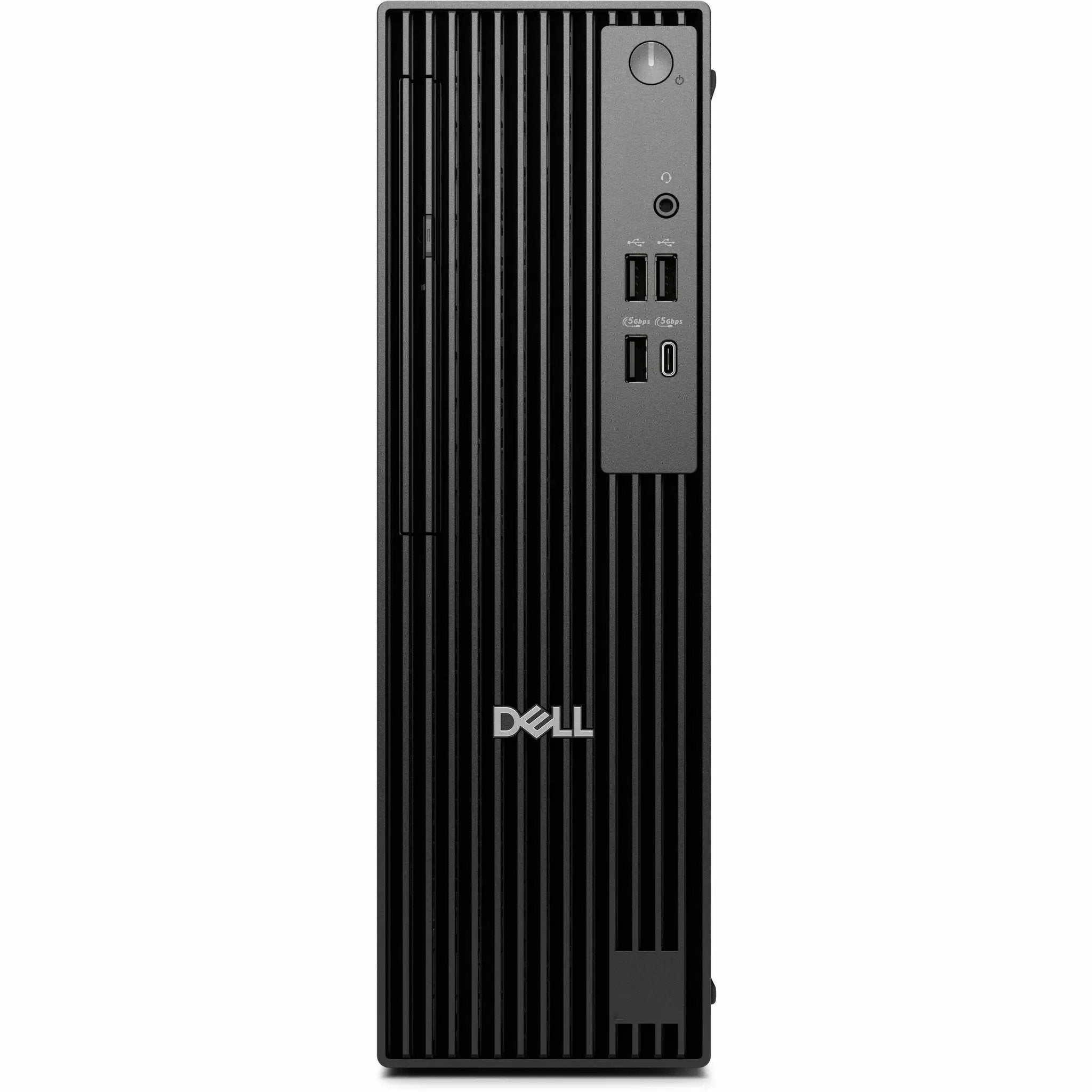 Dell Pro Slim QCS1250 Mini PC front view; black chassis with USB-A, USB-C ports and Dell logo